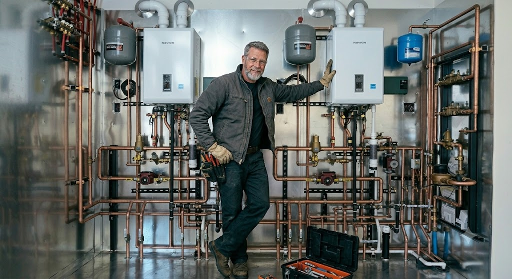 Master Plumber Derek Murphy in a Grand Junction CO mechanical room with Navien boilers and copper piping